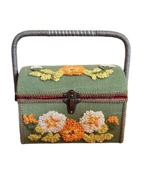 Vintage RARE JCPenney Crewel 70s Embroidered Sewing Notions Jewelry Trinket Box